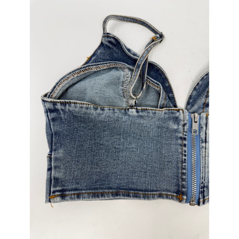 Shein Blue Denim Bra Top Zip Back Festival Rave Crop Bralette Size Large - Picture 5 of 10